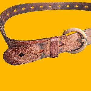 Vintage Hippy Belt 36 38 1970's Distressed Brown Leather Copper Buckle Slotted